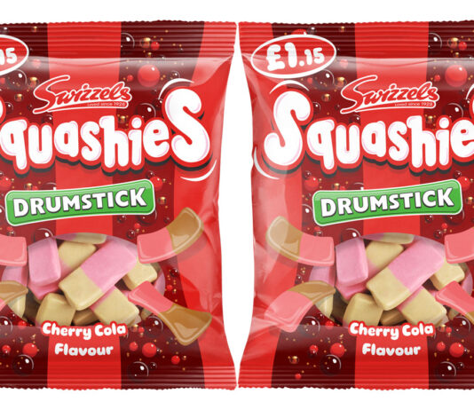 Swizzels introduces price-marked Squashies Cherry Cola Pack shots of Squashies Drumstick Cherry Cola PMP hanging bags.