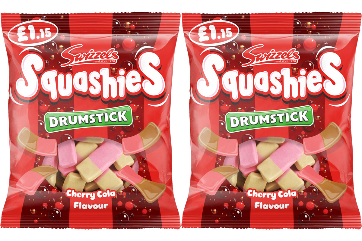 Pack shots of Squashies Drumstick Cherry Cola PMP hanging bags.