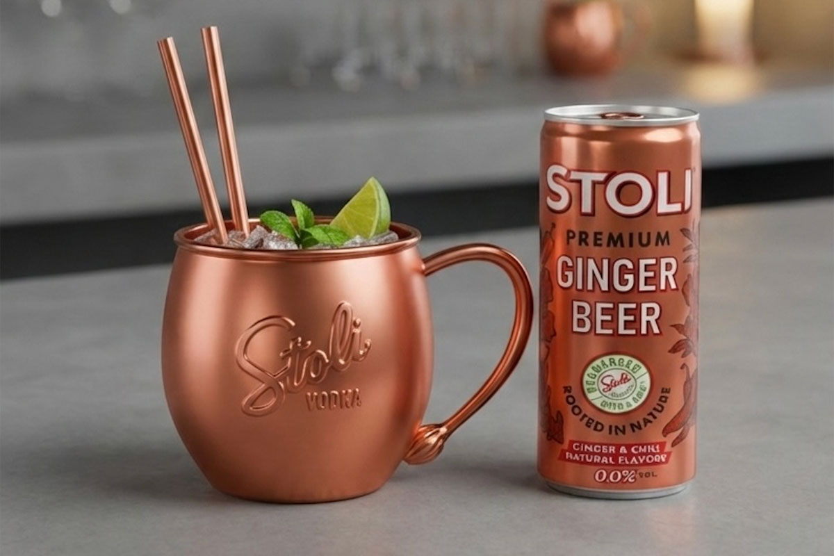 A can of Stoli Ginger Beer stands next to a copper mug with the Stoli logo on it.