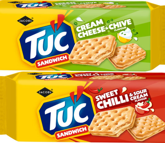 TUC Sandwich ranges expands with two new flavours Pack shots of TUC Sandwiches Cream Cheese & Chive and Sweet Chilli & Sour Cream variants.
