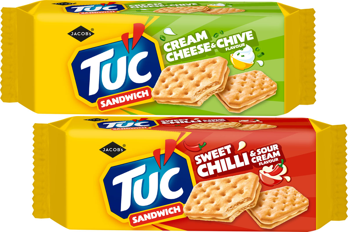 Pack shots of TUC Sandwiches Cream Cheese & Chive and Sweet Chilli & Sour Cream variants.