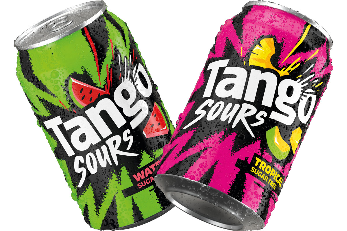 Pack shots of Tango Sours Watermelon and Tropical cans.