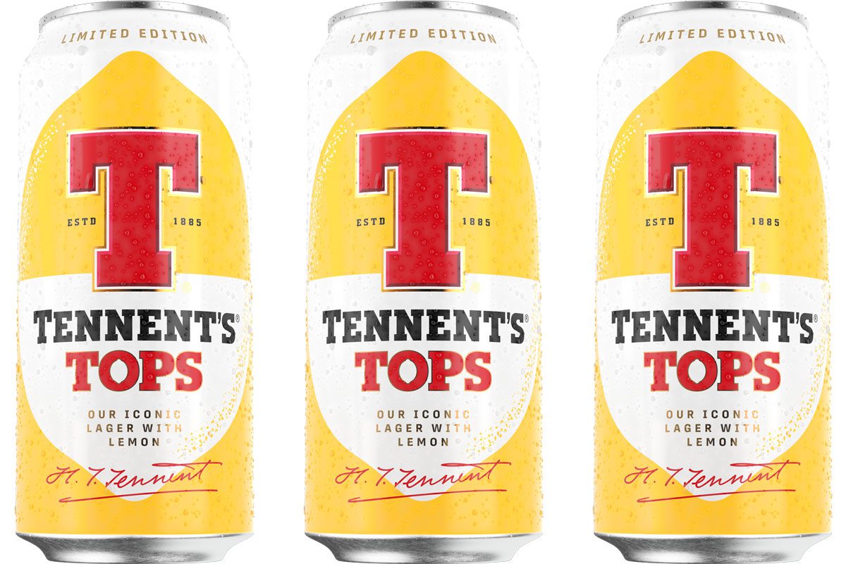 Pack shots of Tennent's Tops cans.