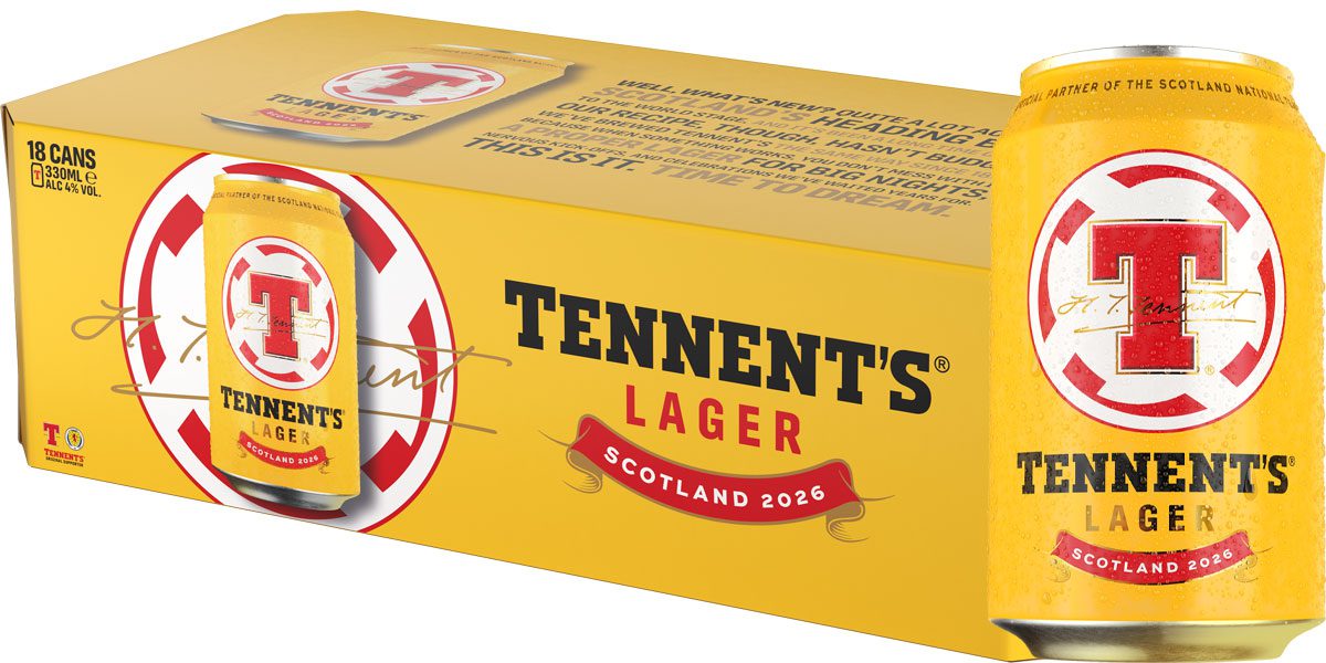 Pack shot of Tennent's 330ml cans 18-pack alongside a single 330ml can.