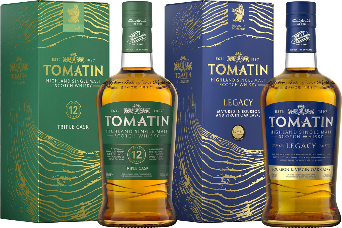 Pack shots of Tomatin Triple Cask and Tomatin Legacy with the 2026 brand redesign.