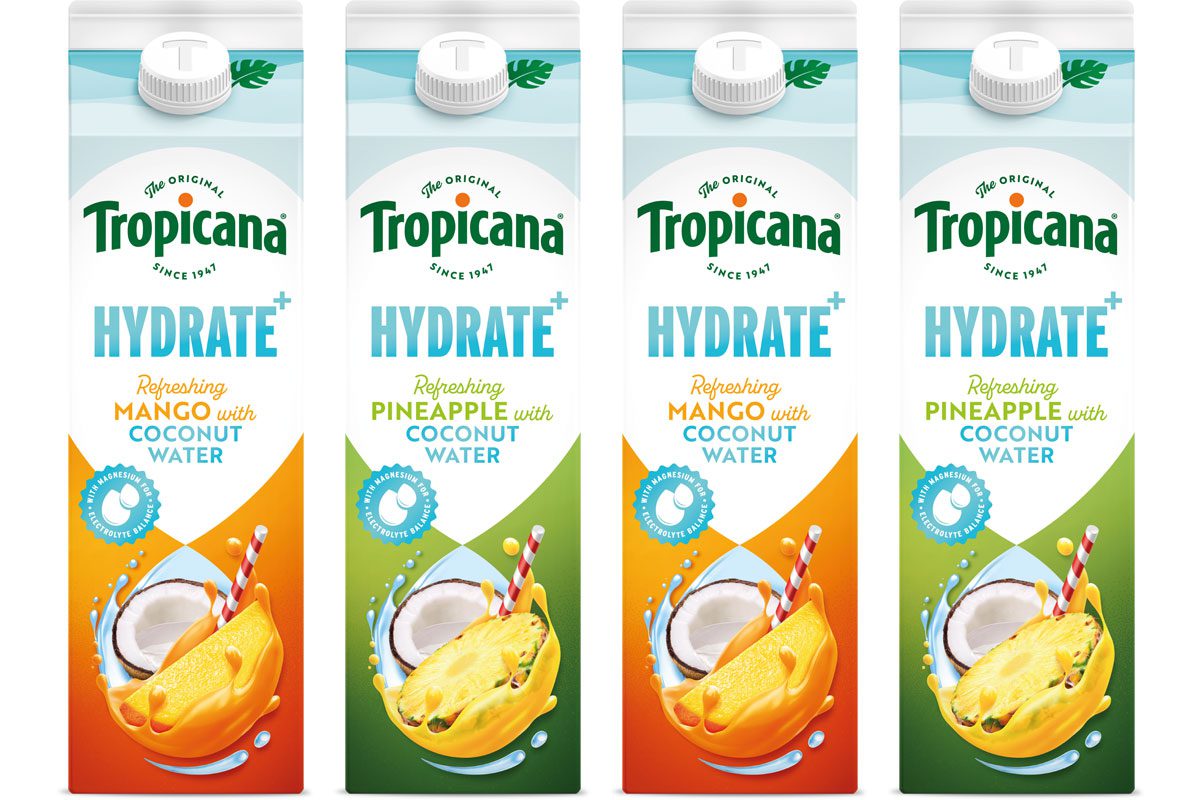Pack shots of Tropicana Hydrate+ Mango with Coconut Water and Pineapple with Coconut Water.