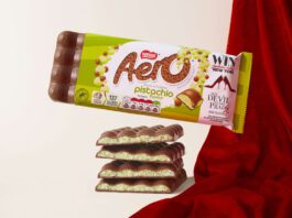 Aero takes to the runway with new Pistachio flavour A pack of Aero Pistachio is balanced on top of bars of the chocolate with a red fabric draped behind it.