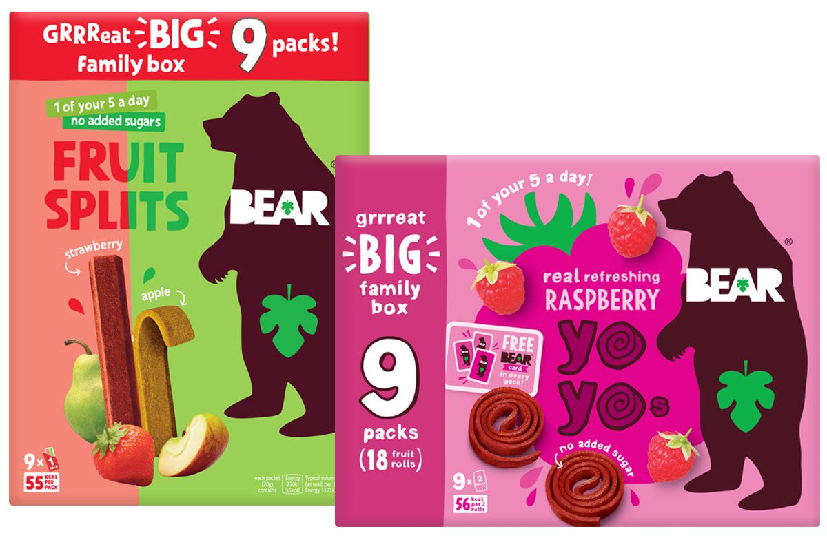 Pack shots of new 9-pack formats for BEAR fruit snacks.