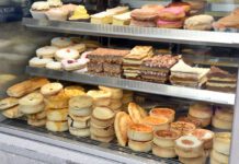 Food inflation forecasts climb upwards Bakery cabinet with cakes and pastries.