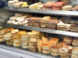 Food inflation forecasts climb upwards Bakery cabinet with cakes and pastries.