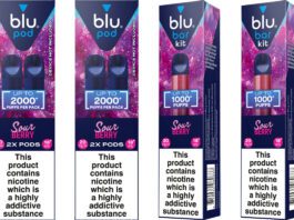Blu Bar vapes add new Sour Berry flavour Pack shots of Blu Bar Pods Sour Berry and Blu Bar Kit Sour Berry.