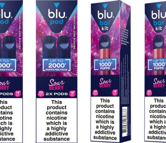 Blu Bar vapes add new Sour Berry flavour Pack shots of Blu Bar Pods Sour Berry and Blu Bar Kit Sour Berry.