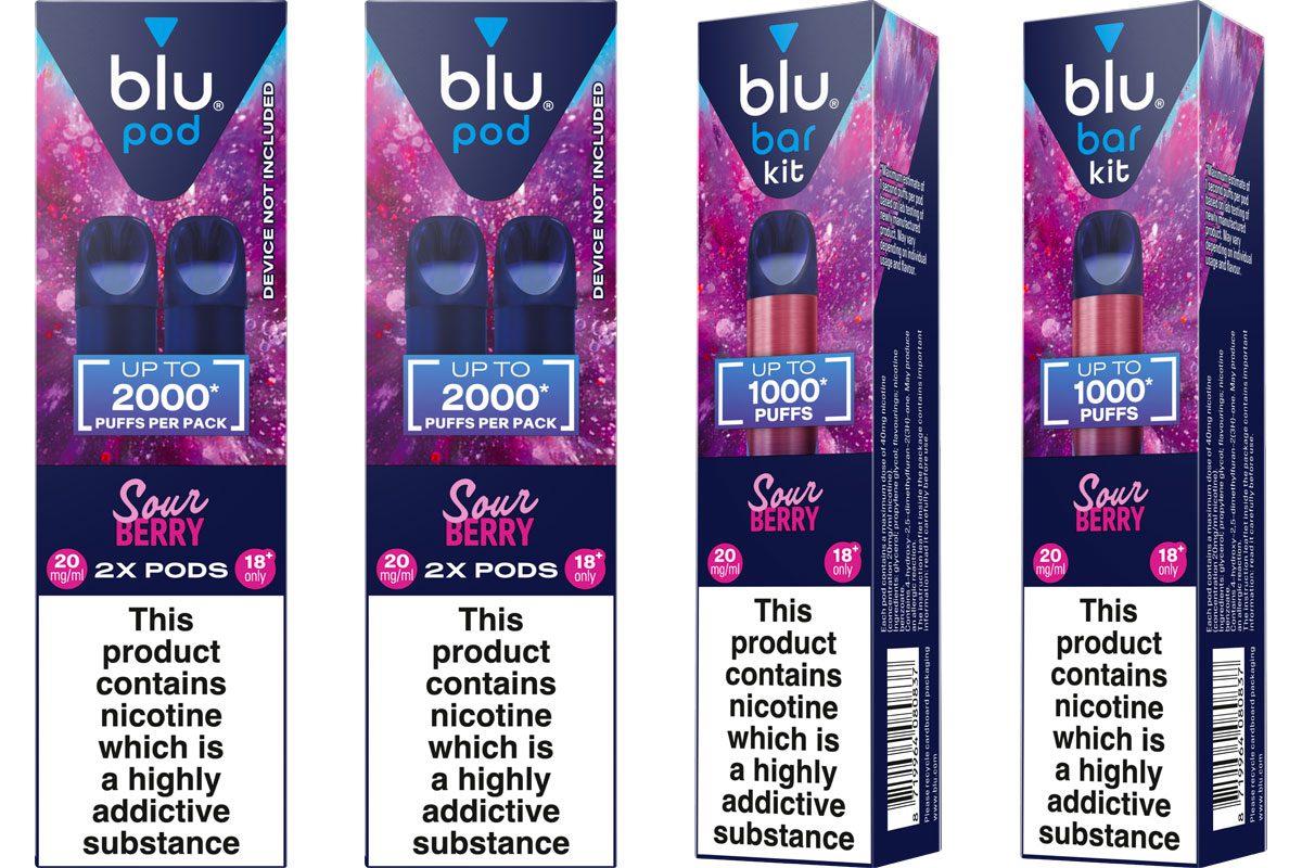 Pack shots of Blu Bar Pods Sour Berry and Blu Bar Kit Sour Berry.