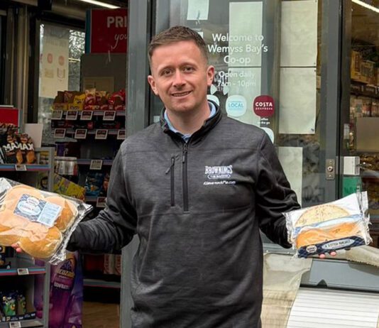 Brownings rolls out to Co-op stores Fraser Gall, sales director at Brownings the Bakers, stands outside the Weymss Bay Co-op store holding Brownings products.