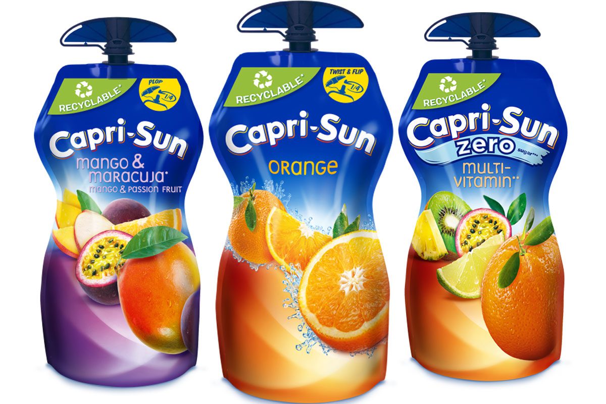 Pack shots of 330ml Capri-Sun format in Orange, Mango & Passionfruit and Capri-Sun Zero Multivitamin.