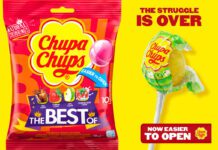 Chupa Chups to roll out easy-open wrappers Promotional image for Chupa Chups highlighting its easier-to-open packaging alongside a pack shot of Chupa Chups The Best Of bag.
