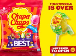 Chupa Chups to roll out easy-open wrappers Promotional image for Chupa Chups highlighting its easier-to-open packaging alongside a pack shot of Chupa Chups The Best Of bag.