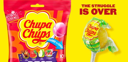 Chupa Chups to roll out easy-open wrappers Promotional image for Chupa Chups highlighting its easier-to-open packaging alongside a pack shot of Chupa Chups The Best Of bag.