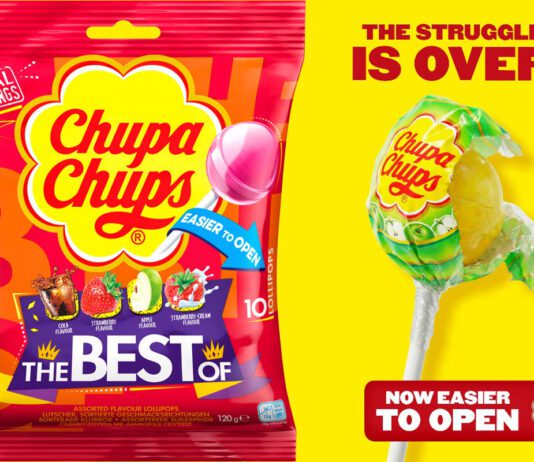 Chupa Chups to roll out easy-open wrappers Promotional image for Chupa Chups highlighting its easier-to-open packaging alongside a pack shot of Chupa Chups The Best Of bag.