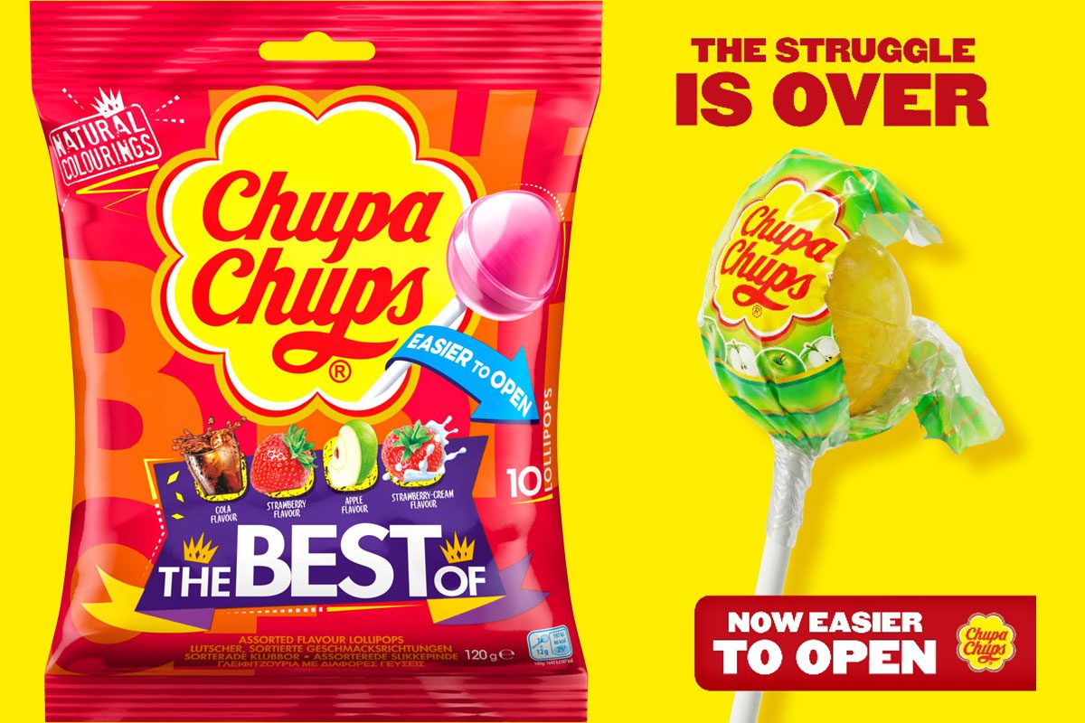 Promotional image for Chupa Chups highlighting its easier-to-open packaging alongside a pack shot of Chupa Chups The Best Of bag.