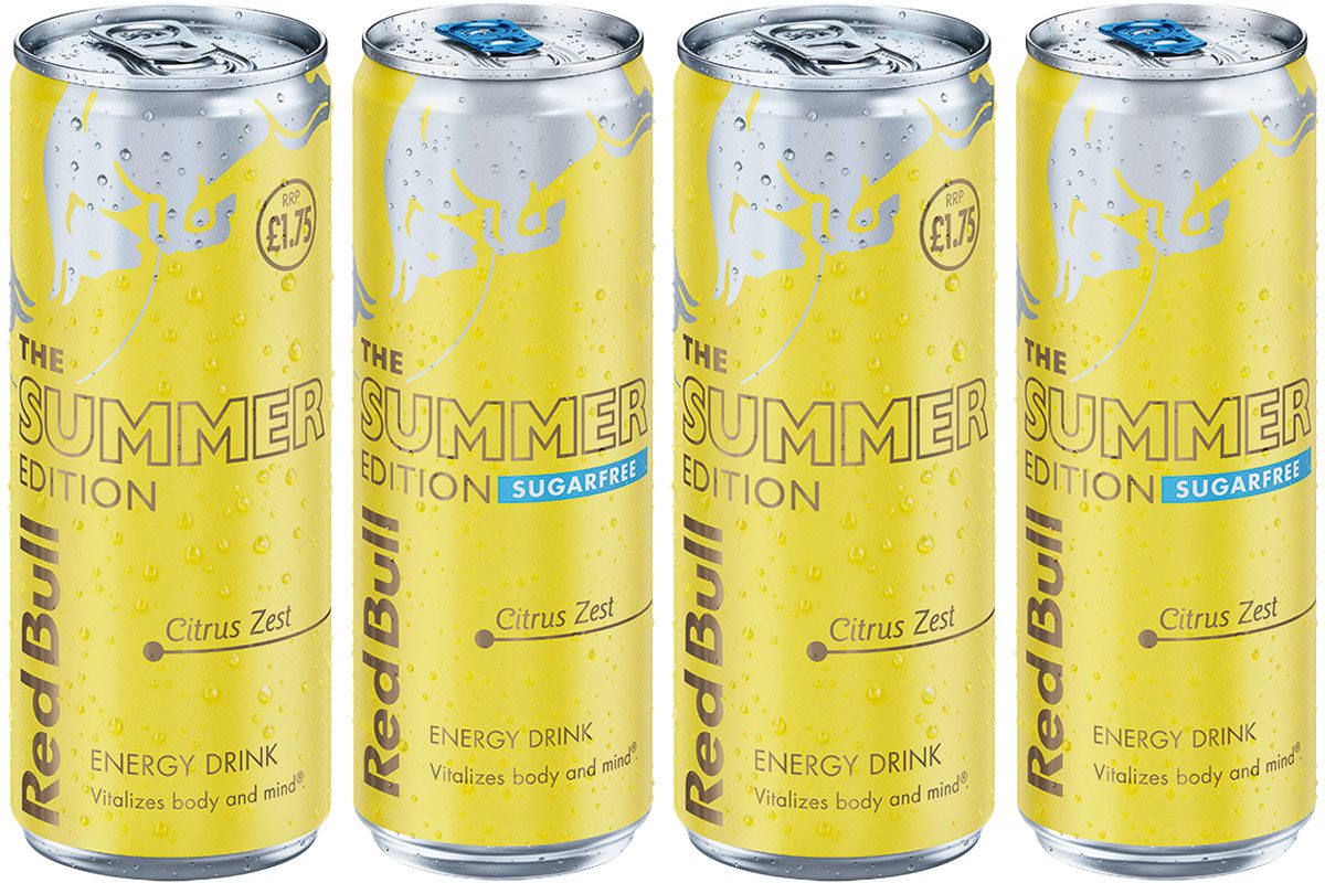 Pack shots of Red Bull Summer Edition Citrus Zest and Sugar Free variants.