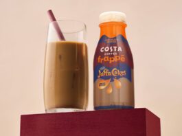 Costa Coffee introduces new Jaffa Cakes Frappé A bottle of Costa Coffee Frappé Jaffa Cakes stands next to a glass with the drink inside.