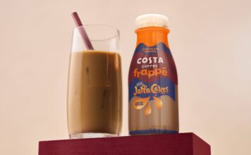 Costa Coffee introduces new Jaffa Cakes Frappé A bottle of Costa Coffee Frappé Jaffa Cakes stands next to a glass with the drink inside.