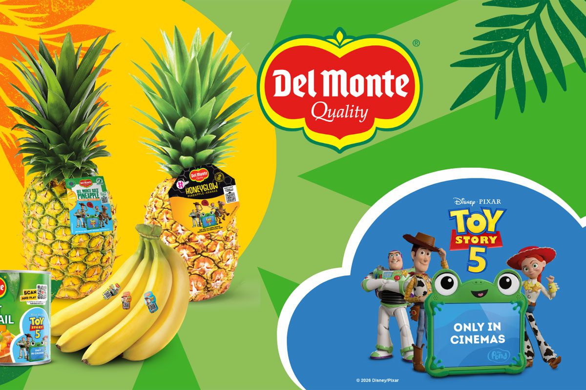 Promotional image of the partnership between Del Monte and Toy Story 5.