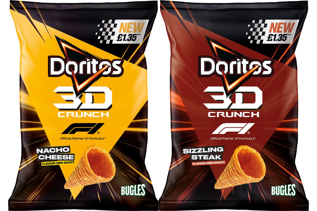 Pack shots of Doritos 3D Crunch Nacho Cheese and Flame featuring an on-pack partnership with Formula 1.