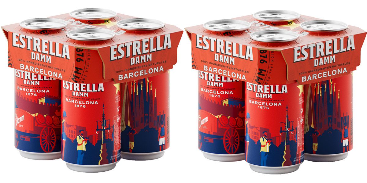 Pack shots of Estrella Damm 440ml cans four packs with the 150th anniversary design across them.