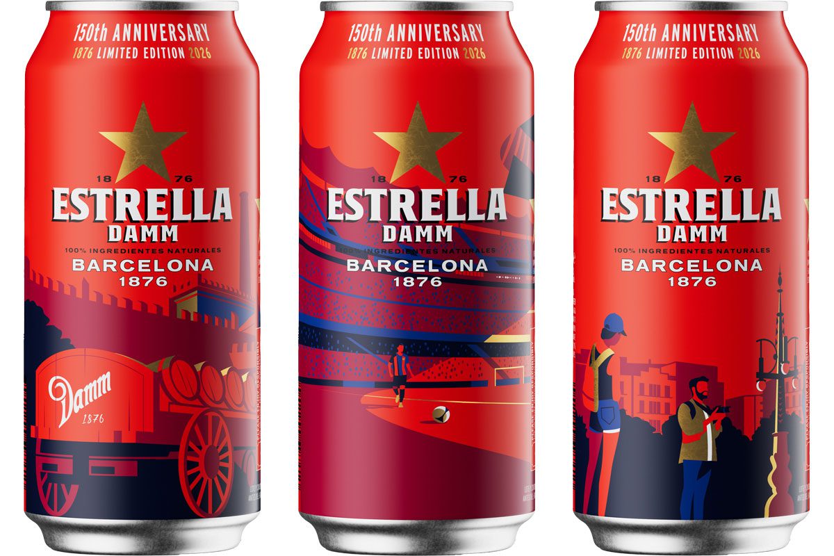 Pack shots of Estrella Damm 440ml cans with the 150th anniversary design across them.