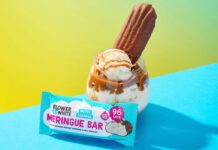 Finsbury acquires Flower & White snacks A glass with ice cream and a bar of Flower & White inside it stands behind a pack of Flower & White Salted Caramel Meringue Bar.