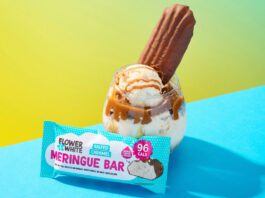 Finsbury acquires Flower & White snacks A glass with ice cream and a bar of Flower & White inside it stands behind a pack of Flower & White Salted Caramel Meringue Bar.