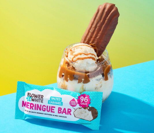 Finsbury acquires Flower & White snacks A glass with ice cream and a bar of Flower & White inside it stands behind a pack of Flower & White Salted Caramel Meringue Bar.