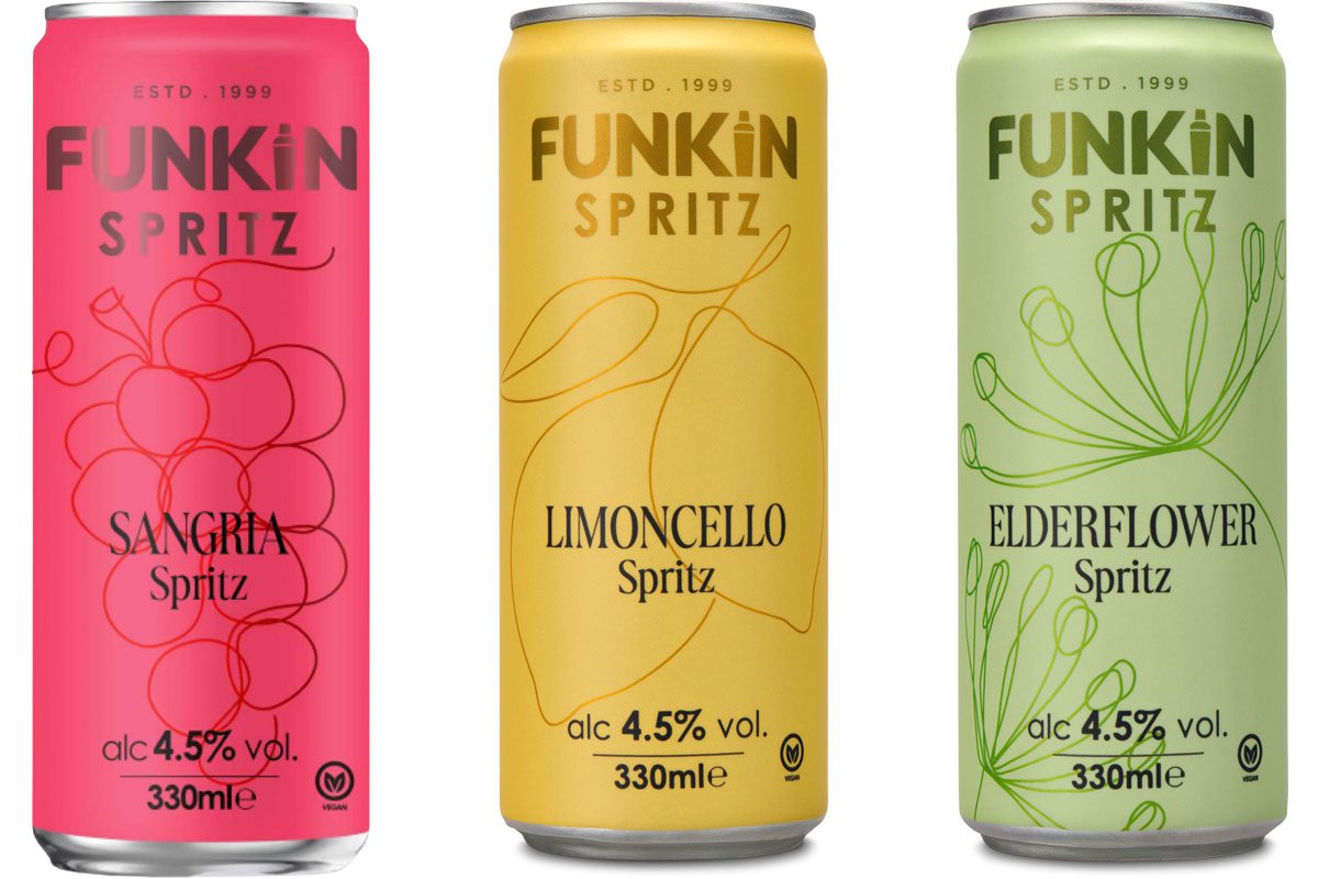 Pack shots of Funkin Spritz Sangria Spritz, Limoncello Spritz and Elderflower Spritz.