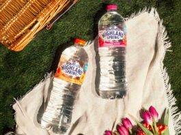Highland Spring unveils new Flavoured Water range Bottles of Highland Spring Orange & Passionfruit and Summer Berries lie on a picnic scene with a wicker basket in the background.