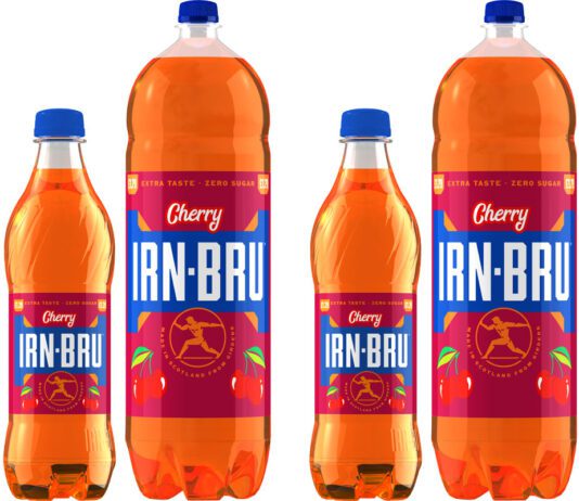 Irn-Bru introduces new Cherry flavour to Zero sugar range Pack shots of Irn-Bru Zero Cherry 500ml bottles and two litre bottles.
