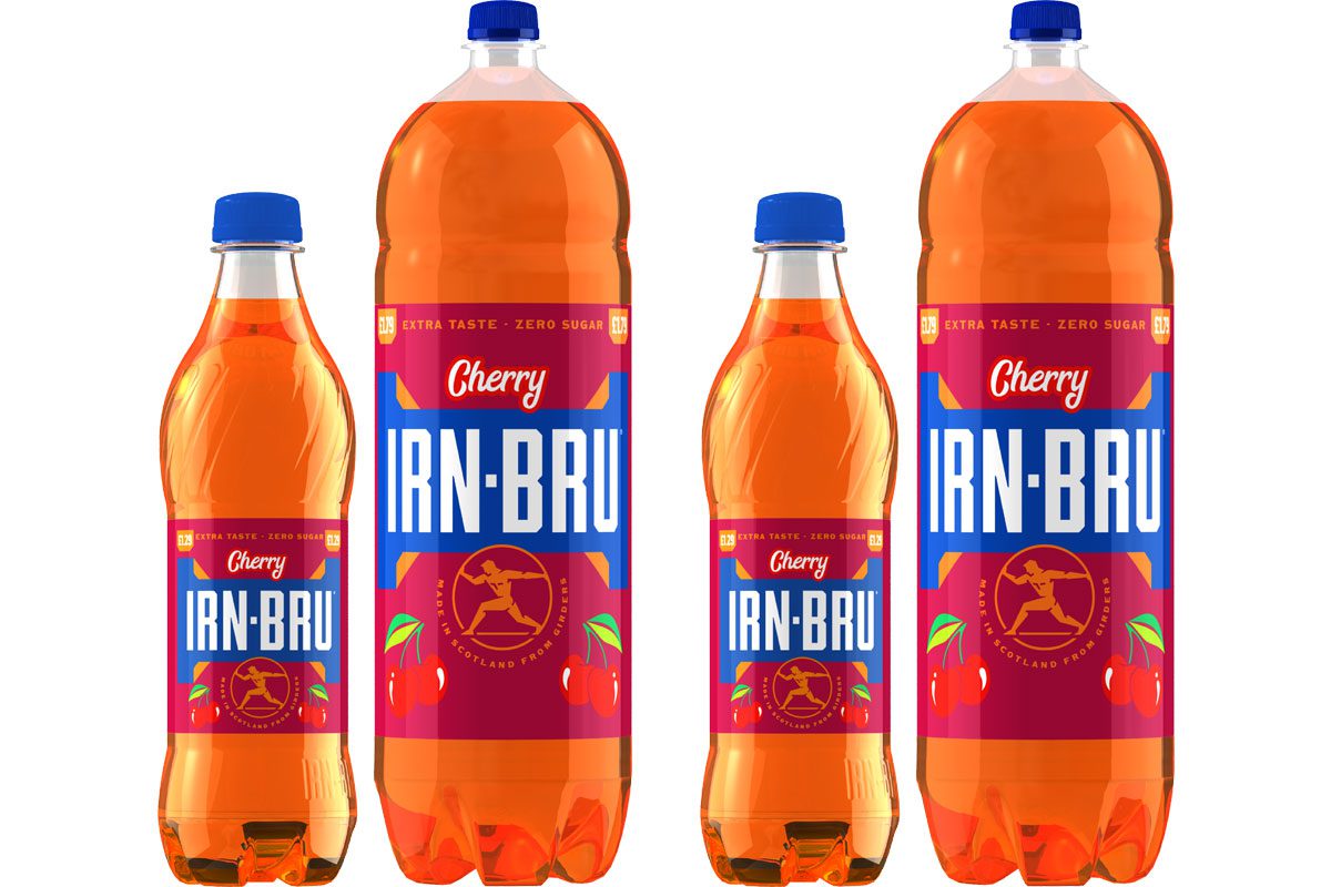 Pack shots of Irn-Bru Zero Cherry 500ml bottles and two litre bottles.