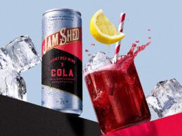 Jam Shed blends red wine and cola in a can Promotional image for the launch of Jam Shed Jammy Red Wine & Cola cans with a can of the drink next to a glass with the drink inside.