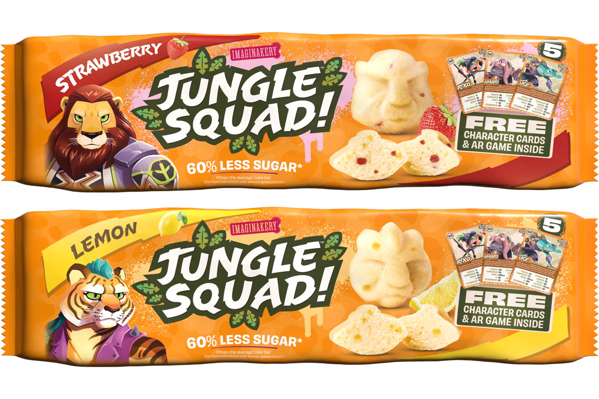 Pack shots of Jungle Squad Cake Bars in Strawberry and Lemon flavours.