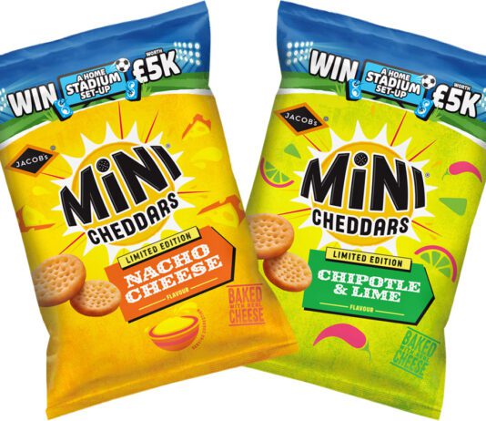 Jacob’s launches new Mini Cheddars for World Cup Pack shots of Jacob's Mini Cheddars Nacho Cheese and Chipotle & Lime variants.
