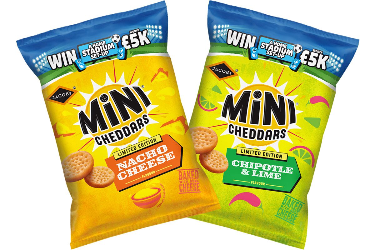 Pack shots of Jacob's Mini Cheddars Nacho Cheese and Chipotle & Lime variants.