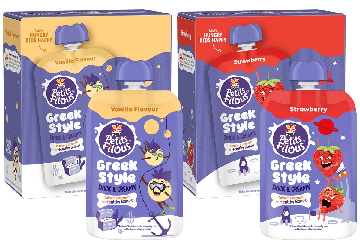 Pack shots of Petits Filous Greek Yoghurt Pouches range including single and multipacks of Vanilla and Strawberry variants.