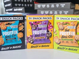 The Protein Ball Co rolls out new multipacks Packs of The Protein Ball Co Snack Packs stand upright on a table in Peanut Butter, Blueberry Oat Muffin and Salted Caramel flavours.