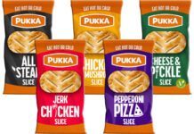 Pukka relaunches handheld Slices range Pack shots of Pukka Slices including All Steak Slice, Chicken & Mushroom Slice, Pepperoni Pizza Slice, Jerk Chicken Slice and Cheese & Pickle Slice.