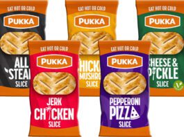 Pukka relaunches handheld Slices range Pack shots of Pukka Slices including All Steak Slice, Chicken & Mushroom Slice, Pepperoni Pizza Slice, Jerk Chicken Slice and Cheese & Pickle Slice.