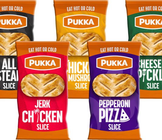 Pukka relaunches handheld Slices range Pack shots of Pukka Slices including All Steak Slice, Chicken & Mushroom Slice, Pepperoni Pizza Slice, Jerk Chicken Slice and Cheese & Pickle Slice.