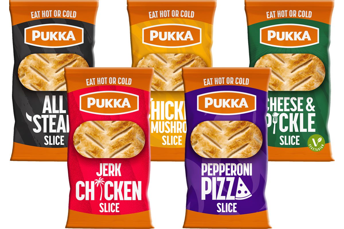 Pack shots of Pukka Slices including All Steak Slice, Chicken & Mushroom Slice, Pepperoni Pizza Slice, Jerk Chicken Slice and Cheese & Pickle Slice.