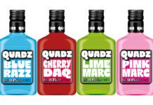 Global Brands bolsters pre-drinks with Quadz Pack shots of Quadz Blue Razz, Cherry Daq, Lime Marg and Pink Marg.