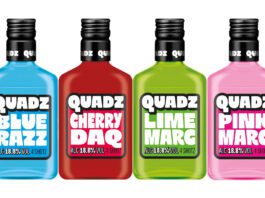 Global Brands bolsters pre-drinks with Quadz Pack shots of Quadz Blue Razz, Cherry Daq, Lime Marg and Pink Marg.